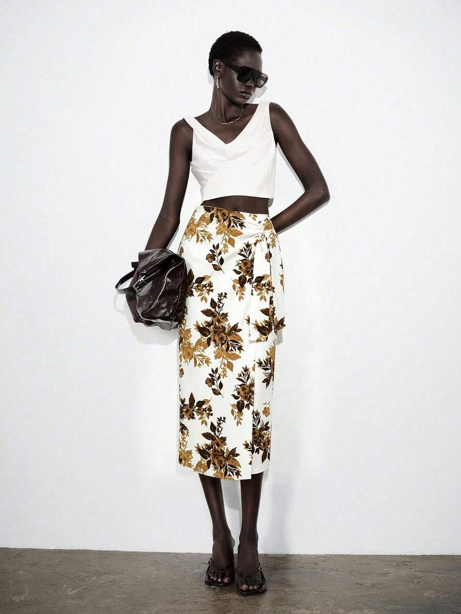 SHEIN x Tata & Beatriz Lumivelle 女款優雅白色花卉連身高腰開衩綁帶百褶不對稱緊身裙,適合度假、早午餐、茶會、秋季 - 白色 - 查看 1