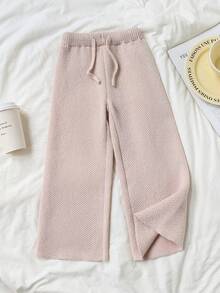 SHEIN Young Girls Sweaters Pants Wide Leg Straight Leg Comfortable Soft Versatile Solid Color Pink Autumn Winter Casual Princess Baby Shower - Khaki - View 7