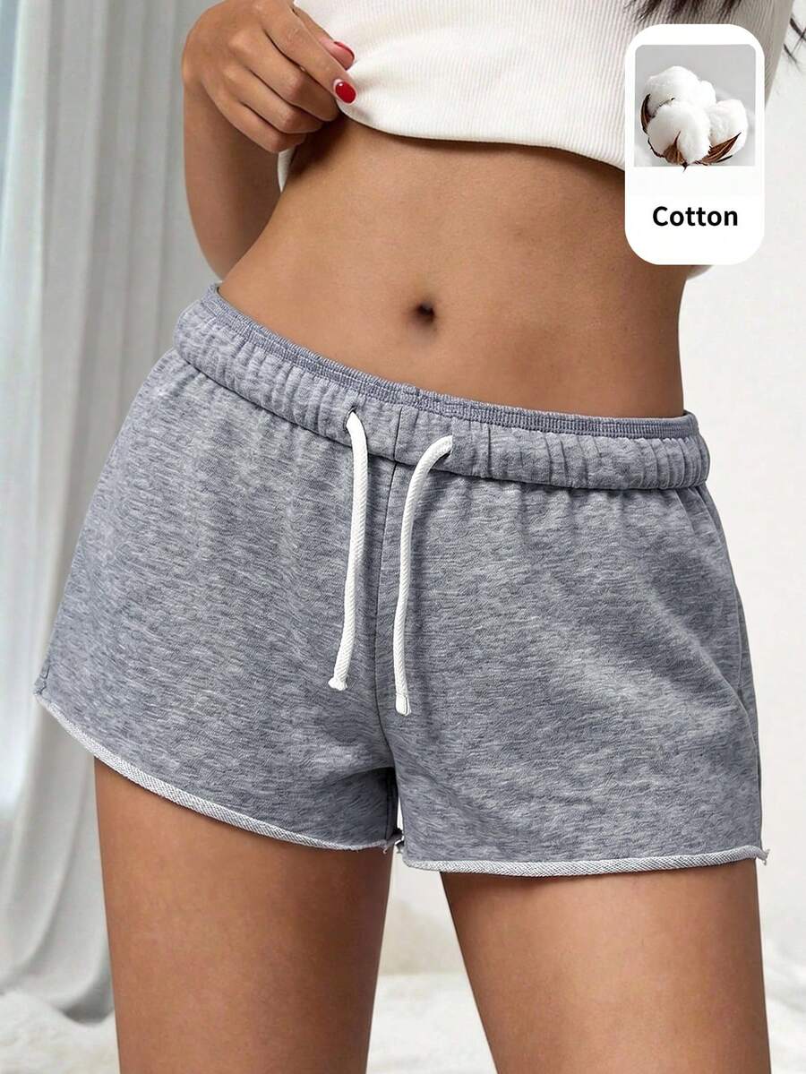 SHEIN Pantalones cortos casuales ajustados de punto de unicolor para niña preadolescente - Gris - Ver 1