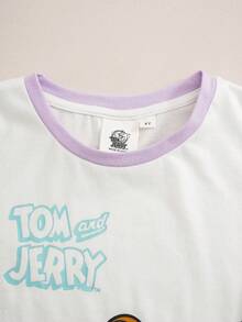 TOM & JERRY X SHEIN 女童夏季休閒拼色拼接卡通印花T恤 - 白色 - 查看 3