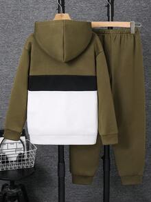SHEIN 2件組兒童青少年男孩休閒運動連帽外套，拼色拼接開襟長袖衛衣夾克與長褲套裝，適合通勤、上學、日常休閒、度假、旅行、運動，秋冬穿著 - 軍綠色 - 查看 3