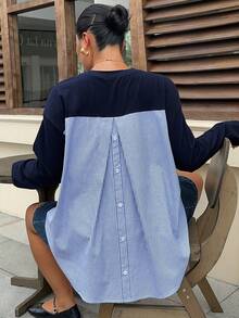 Dazy Plus Solid Color Casual Patchwork Striped Back Design Loose Fit Spring Summer Autumn Daily Versatile Long Sleeve T-Shirt Oversized Tshirts For Women - Navy Blue - View 1