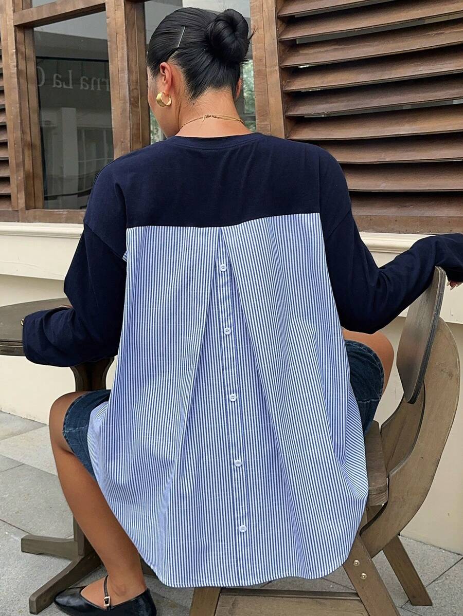 Dazy Plus Solid Color Casual Patchwork Striped Back Design Loose Fit Spring Summer Autumn Daily Versatile Long Sleeve T-Shirt Oversized Tshirts For Women - Navy Blue - View 1