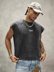 PAVTROS Men's Letter Embroidered Crew Neck Casual Versatile Tank Top - Black - View 5