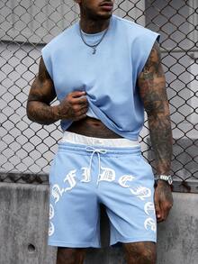 SLATEMANN Men's Summer Casual Letter Print Tank Top And Shorts Set - Baby Blue - View 3