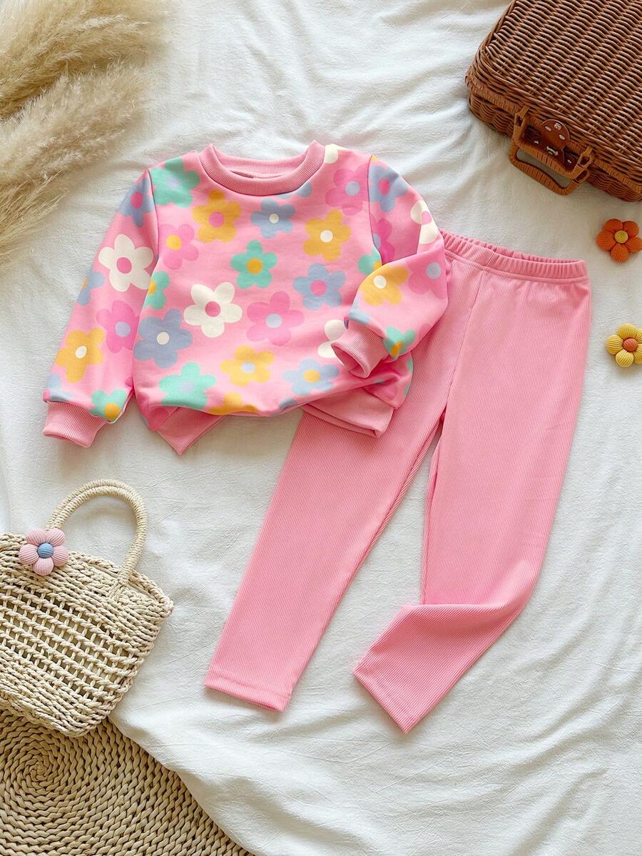 SHEIN Vintaside Kids 女童黃色漸層花卉長袖運動衫與黃色羅紋內搭褲套裝,春/秋休閒可愛穿搭 - 彩色 - 查看 1