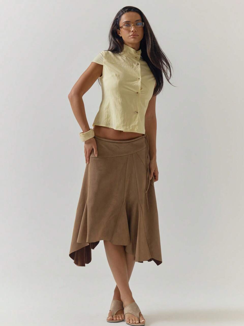 Yellow High Neck Asymmetric Buttons Slightly Loose Fit Top Casual Party Winter