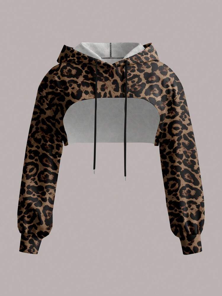 Solflare Casual Leopard Print Hooded Short Long Sleeve Sweatshirt Plus Size Women Suitable For Spring And Autumn Music Festival - Multicolor - View 3