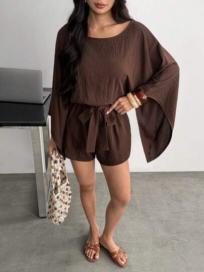 SHEIN PETITE Deep Brown Summer Casual Fashion Holiday Vacation Linen Jumpsuit, Round Neck Batwing 3/4 Sleeve, Waist Tie A-Line Bohemian Street Style