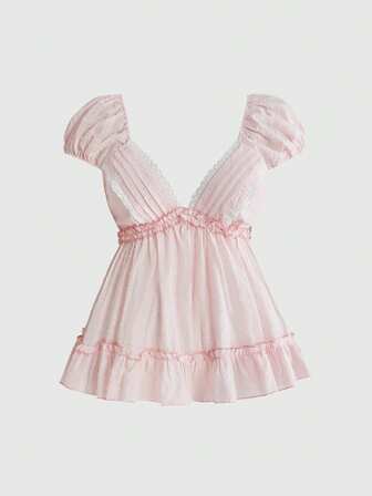 Kawaii Vintage Puppenstil V-Ausschnitt Blütenärmel süß lässig Sommerurlaub Damen Große Größen Bluse