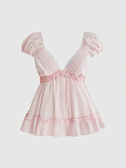 ROMWE Kawaii Vintage Doll Style V-Neck Petal Sleeve Sweet Casual Summer Vacation Plus Size Women's Blouse