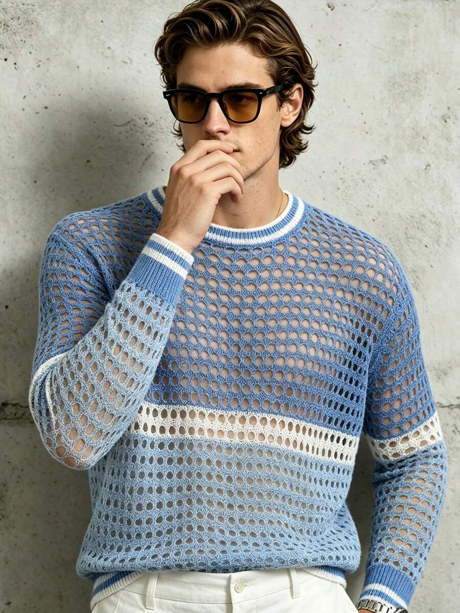 Manfinity Dauomo Men's Colorblock Patchwork Hollow Knit Sweater - Blue - View 1