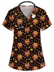 PopScrub Thanksgiving V-Neck Short Sleeve Double Pocket Cute Turkey Print Nurse Doctor Work Uniform Lab Surgical Scrub Uniform Pet Grooming Uniform Nutritionist Uniform Multi-Pocket Functional Women's Holiday Clothing, Summer Women's Top, Turkey Women's Top, Thanksgiving Party, Thanksgiving Decoration, Cartoon Cute Little Turkey - Black - View 1