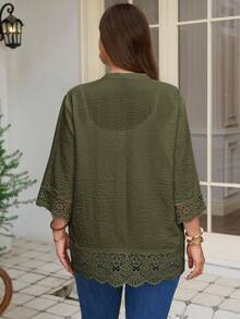 Rosumi Women's Plus Size Lace Patchwork 3/4 Sleeve Open Front Jacket Fall - Army Green - View 2
