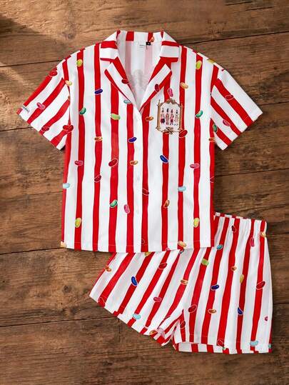 HARRY POTTER X SHEIN Women's Comfortable Striped Front Button Short Sleeve Shirt And Shorts Pajama Set, Summer