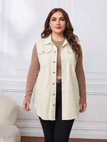 EMERY ROSE Plus Size Casual Solid Color Sleeveless Denim Jacket - Apricot - View 6