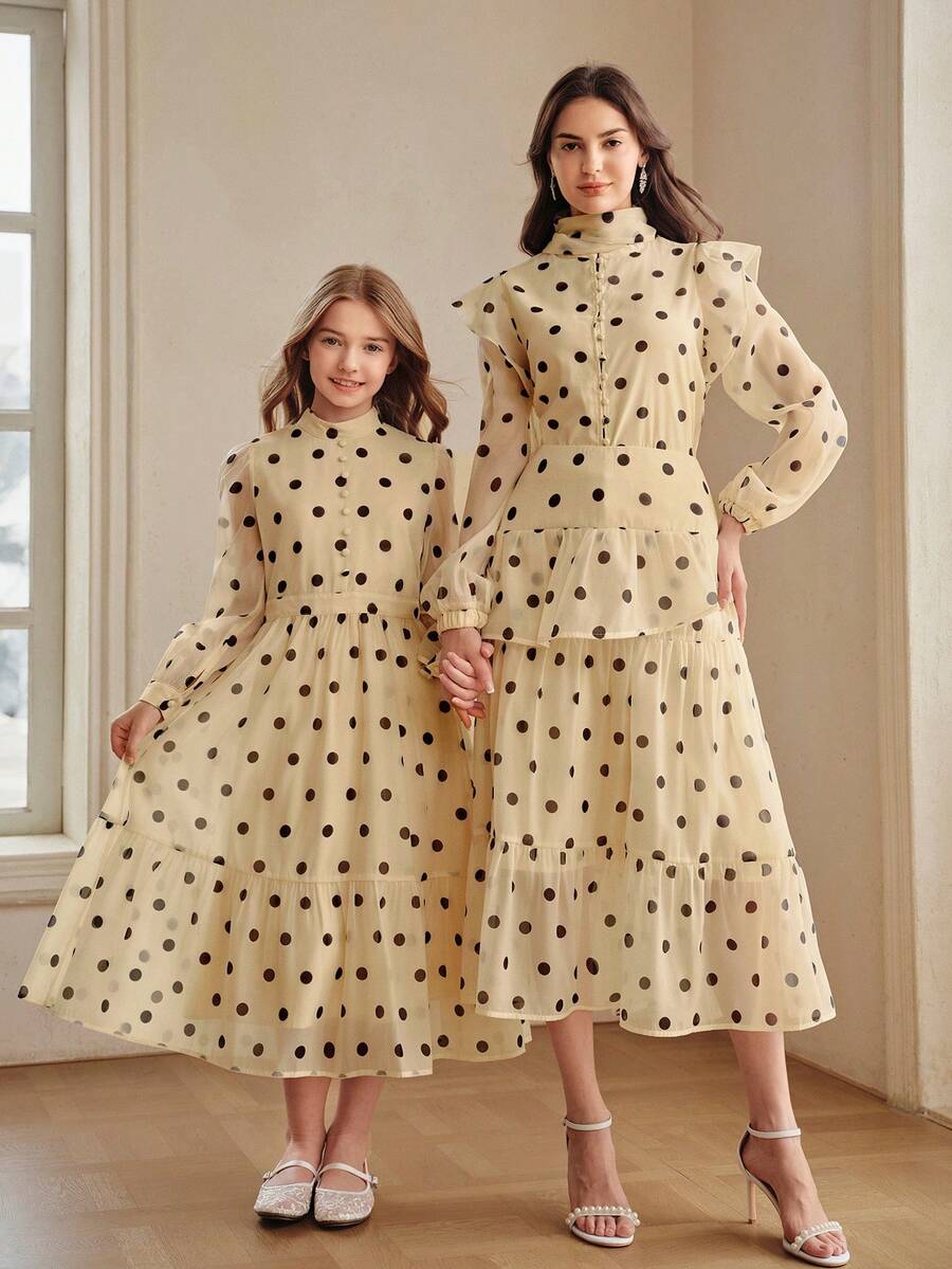 Anewsta Girls' Elegant Fashion Black Polka Dot Stand Collar Ruffle Puff Sleeve Long Sleeve Apricot Dress, Spring/Autumn Long Sleeve Dress. Suitable For Daily Wear. - Apricot - View 1