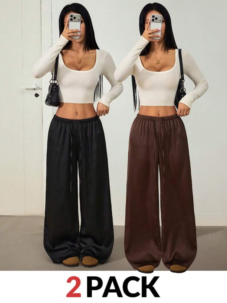 SHEIN PETITE Women's Solid Color Drawstring Waist Wide Leg Loose Casual Long Pants - Multicolor - View 8
