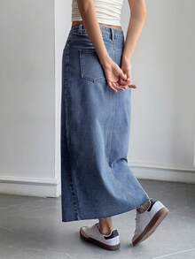 DAZY Distressed Washed Split Hem Straight Long Skirt Casual Vacation Spring Autumn Women's Denim Skirt School - Blue - View 5