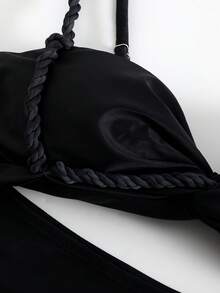 Swim SXY طقم بيكيني شاطئ صيفي جديد للنساء من 3 قطع، يتضمن توب قطعة واحدة مع حمالات سباغيتي من حبل مضفر بتدرج لوني، وتنورة شاطئ برباط جانبي - الأسود - مشاهدة 4