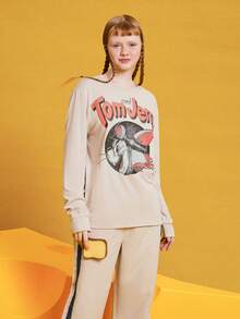 TOM & JERRY X SHEIN Unisex 1pc Cartoon Pattern T-Shirt - Khaki - View 8