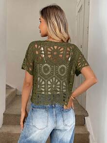 Easowa Kardigan Rajut Lengan Pendek Berongga Gaya Liburan Kasual, Cottage Core, Boho Era 90-an, Warna Hijau Army, Hijau Zaitun Musim Panas - Olive Green - View 2
