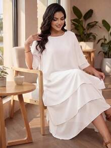 Auveirra Plus Size Women Solid Color Round Neck Casual Elegant Daily Autumn Dress Wedding Formal Tea Party Dinner White Fall - White - View 3