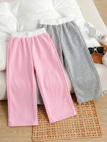 SHEIN Kids Girlism 2件組女童休閒針織運動長褲，對比色腰帶設計，街頭風，純色 - 彩色 - 查看 2