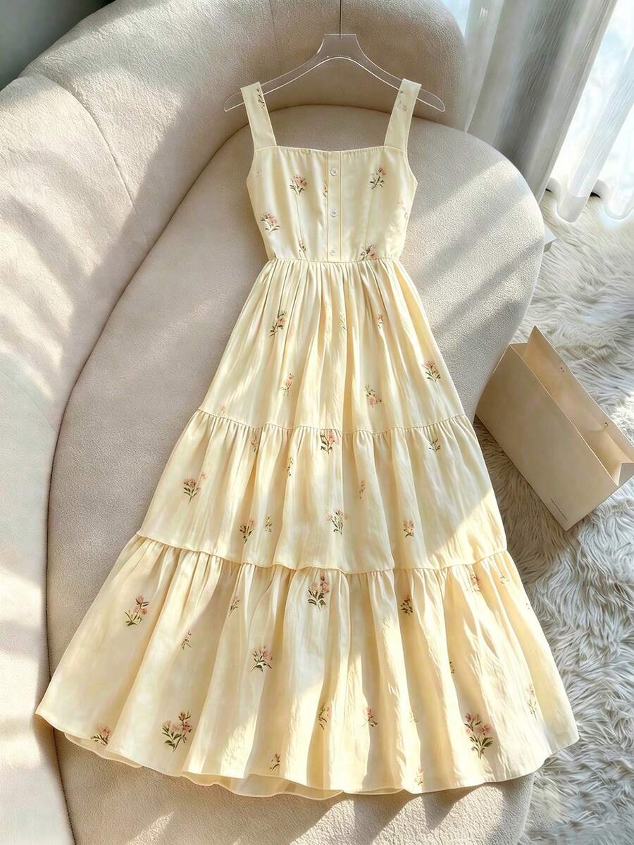 SHEIN Franclia 碎花洋裝 春夏清新甜美 收腰蛋糕裙 - 黃色 - 查看 1