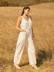 Levarali Women's Sleeveless Long Jumpsuit, Solid White With Tassels, Front Zipper, Straight Wide Leg Pants, Spring/Summer Elegant Cowboy Western Casual Boho - White - View 14