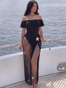 SHEIN Swim Setelan 2 Potong Wanita untuk Liburan Pantai Musim Semi/Panas, Seksi, Liburan Tropis, Pesta Tepi Laut, Gaun Maxi Satu Potong dengan Belahan dan Tali Bahu Tipis, Warna Hitam - Hitam - View 5