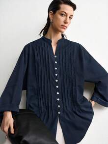 Aalyst Women's Summer New Cotton Linen Casual Minimalist Slouchy Versatile Holiday Premium Striped Craftsmanship Premium Shell Button V-Neck Premium Drop Shoulder Long Sleeve Blouse - Navy Blue - View 5