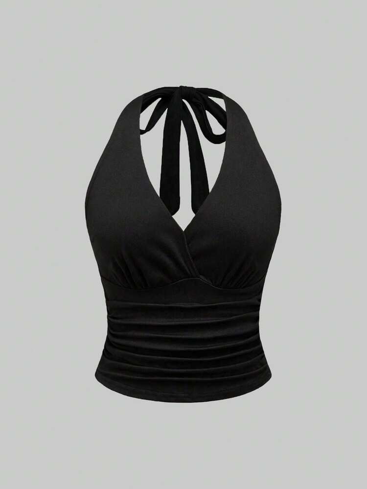 Top de tirantes con cuello halter y fruncido sexy para mujer de talla grande, para vacaciones y citas nocturnas - Multicolor - Añade 3