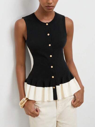 Maija Top de punto sin mangas con diseño de botones en bloques de color y bajo con volantes para mujer, atuendos para salir, atuendos de trabajo para mujer, ropa de otoño