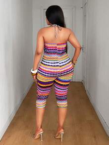 Maweii 2025 New Colorful Striped Skinny Jumpsuit, Plus Size High Elasticity - Multicolor - View 2