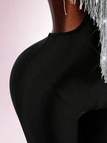 Amplova Women's Deep V Sexy Fitted Halter Neck Dark Style Tassel Jumpsuit - Black - View 8