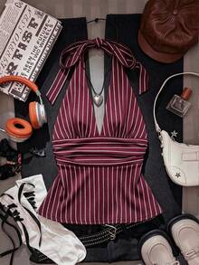 Attitoon Halter Deep V-Neck Cinched Waist A-Line Backless Old Money Style Tank Top - Burgundy - View 3