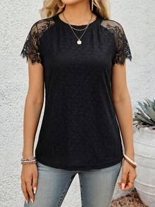 EMERY ROSE Camiseta de moda para mujer de unicolor con inserción de encaje en contraste y manga corta - Blanco - Ver 4