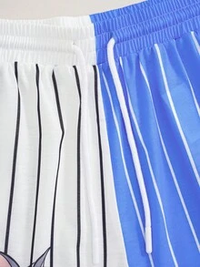 TOM & JERRY X SHEIN Men's Summer Casual Colorblock Patchwork Striped Cartoon Print Shorts - Blue - View 3