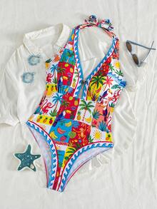 Swim Vcay 女款椰子印花掛脖式連身泳衣，適合海灘度假、泳池派對、海灘派對 - 彩色 - 查看 3