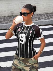 Muchica Women's Street Fashion Digital Black And White Striped Print Colorblock Round Neck Slim Fit T-Shirt School Casual Sports Streetwear Graphic Tee Top - Black - View 1