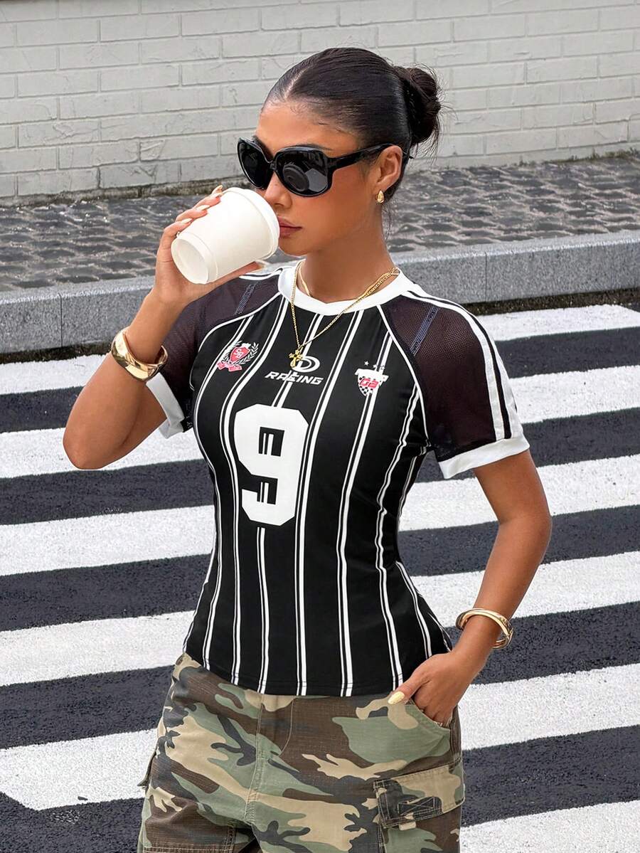 Muchica Women's Street Fashion Digital Black And White Striped Print Colorblock Round Neck Slim Fit T-Shirt School Casual Sports Streetwear Graphic Tee Top - Black - View 1