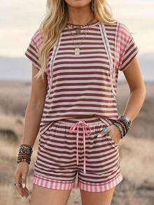 Wildy BOHO Casual Western Country Striped Colorblock Patchwork Women's Summer Daily Basic Outfit Pocket T-Shirt And Shorts 2-Piece Set - Multicolor - View 3