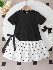 SHEIN 1件女童春夏休閒A字洋裝，蝴蝶結熱轉印與3D蝴蝶結設計，純色對比效果，舒適時尚，適合學校日常穿著，展現青春活力與優雅氣質 - 黑色 - 查看 6