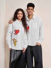 TOM & JERRY X SHEIN Unisex Cartoon Pattern Long Sleeve Shirt - White - View 1