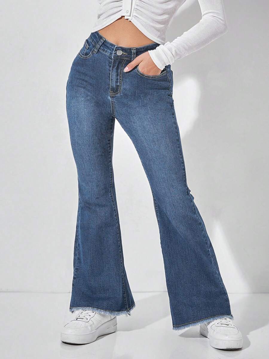 Jeanoix Plus Size Casual Washed Flare Leg Jeans - Blue - View 1