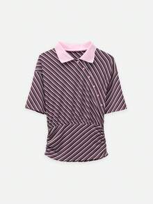 Nöista 條紋修身 Polo 衫，彈性面料，輕盈舒適，活力休閒，隨性氛圍，春夏款 - 紫色 - 查看 7