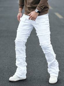 Manfinity LEGND Men's Plus Size Solid Color Frayed Hem Casual Versatile Daily Wear Cargo Pants - White - View 1