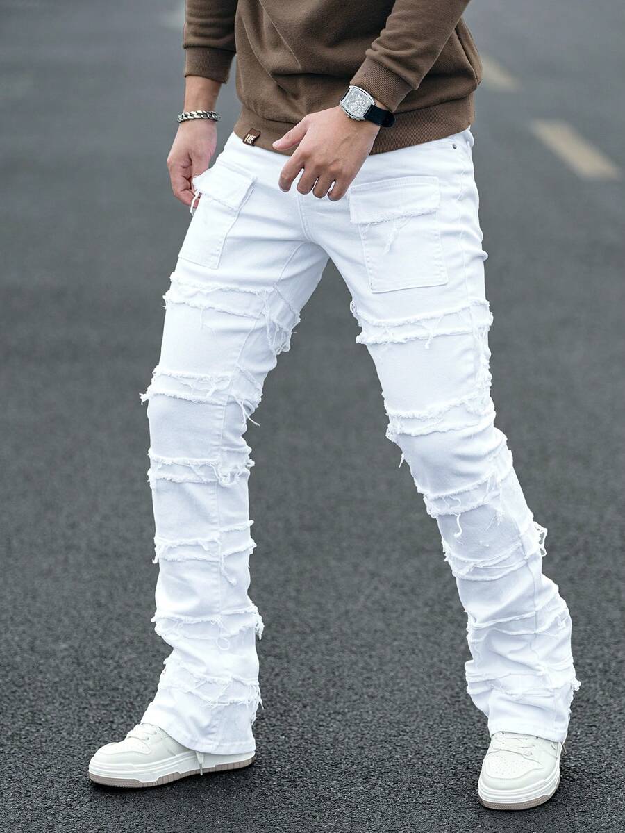 Manfinity LEGND Men's Plus Size Solid Color Frayed Hem Casual Versatile Daily Wear Cargo Pants - White - View 1