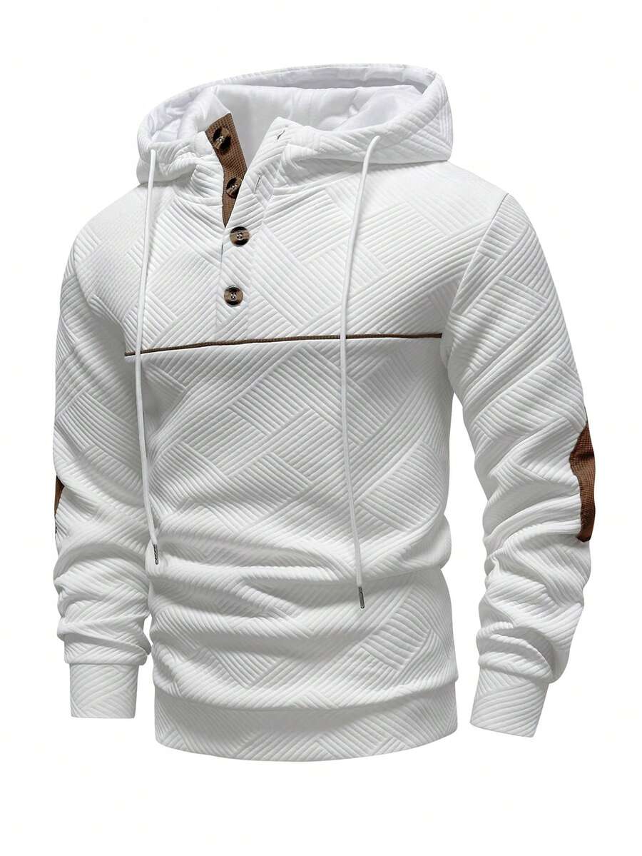 Manfinity Homme 男士春夏四季通用長袖連帽衫,紋理面料拼接撞色設計,成熟休閒風長袖連帽衫 - 白色 - 查看 1